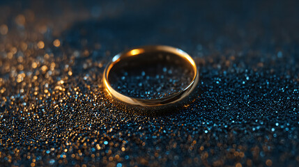 Glowing Gold Ring on Dark Glittering Surface