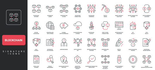Blockchain, digital data and crypto currency mining, bitcoin and fintech line icon set. Linked chain of blocks, trade, hot and cold wallet thin black and red outline symbols vector illustration