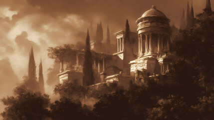 fine art calendar illustration | Arcadian memory | serene grandeur | sunlight white and olive | centralized radiance | classical temples | diffused edge lighting | chiaroscuro layering | Roman