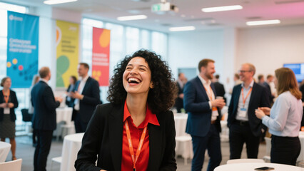 Obraz premium A vibrant and joyful businesswoman laughs heartily at a bustling conference or networking event.