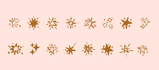 Cartoon background with stars and sparkles on pink background. Drawing for dreamy, festive and cute decorative designs
