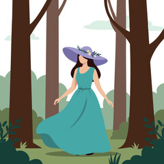 Fototapeta premium Woman in blue dress with purple hat walking in forest nature scene vector illustration 