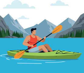 Man kayaking on lake with green kayak in mountain landscape outdoor adventure 