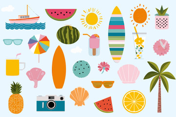 Fototapeta premium Geometric Summer Vacation Icons � Minimalist Beach, Boat, and Tropical Elements for Holiday Designs