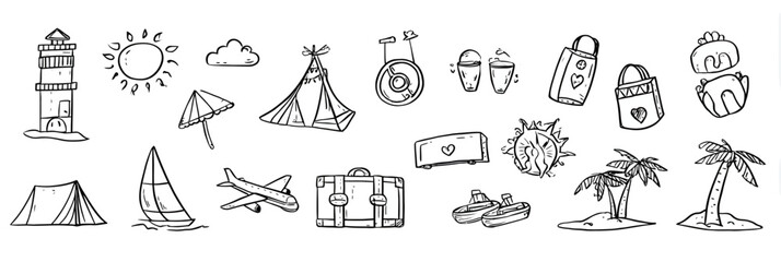 Hand-Drawn Summer Travel Vector Set: Beach Tent, Sun & Vacation Doodles � Fun Tourism Illustration