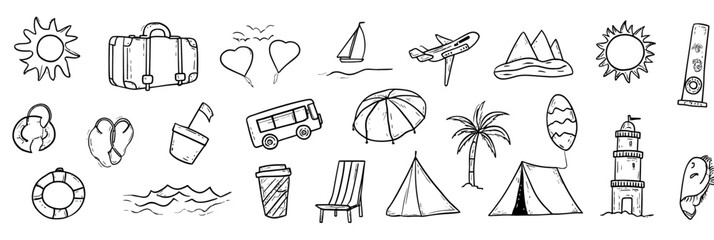 Fototapeta premium Hand-Drawn Summer Travel Vector Set: Beach Tent, Sun & Vacation Doodles � Fun Tourism Illustration