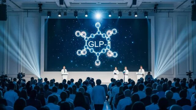 Audience in white coats attentively watching a molecular GLP-1 diagram projected on a large screen during a medical symposium in a high-tech conference hall.