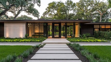 Fototapeta premium Modern, single-story house with large windows, surrounded by lush landscaping and mature trees, featuring a clean, minimalist walkway leading to the entrance.