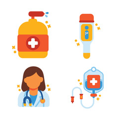 2D icons of female doctor, IV bag, thermometer, and medicine container. Ideal for illustrating clinical visits, treatments, and patient recovery