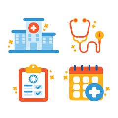 Flat icon set of hospital building, medical calendar, stethoscope, and chart. Suitable for healthcare centers, online bookings, and doctor office illustrations