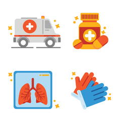 Ambulance, medicine bottle, lung scan, and gloves in flat 2D style. Great for respiratory clinics, emergency response visuals, and pandemic-related assets