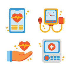 Set of 2D flat icons showing smartwatch, blood pressure monitor, heart in hand, and health device. Best for medical apps, remote monitoring, and smart healthcare products