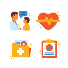 Flat 2D icons of patient consultation, heartbeat, calendar with heart symbol, and medical pills. Great for health monitoring apps, heart clinics, or wellness UI kits