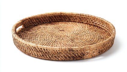 Round woven rattan tray with two handles, light brown, showing natural texture and craftsmanship
