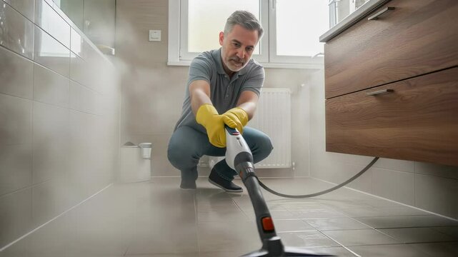 Man steam cleaning tile floor in bathroom. Professional deep cleaning service. Sanitation and disinfection of home surfaces using high-temperature vapor