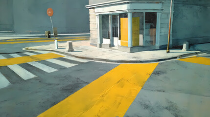 cultural critique layout | alienation in routine | emotional distance | grey and lemon | depth through shadow | still street corner | muted color field | selective detail emphasis | urban solitude