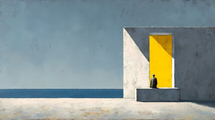 book cover for modern fiction | solitude in modernity | quiet introspection | grey and lemon | still horizon line | solitary figure in window | sharp window division | minimalist architectural