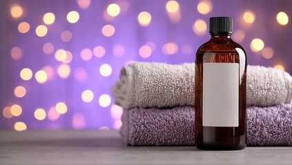 Spa Bottles And Towels On Gray Stone Table With Bokeh Lights
