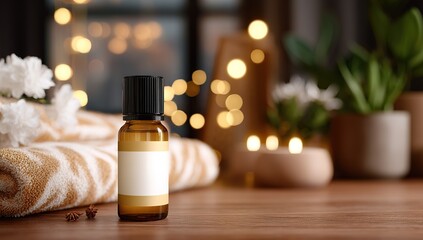 Amber Essential Oil Bottle On Wooden Table With Spa Decor
