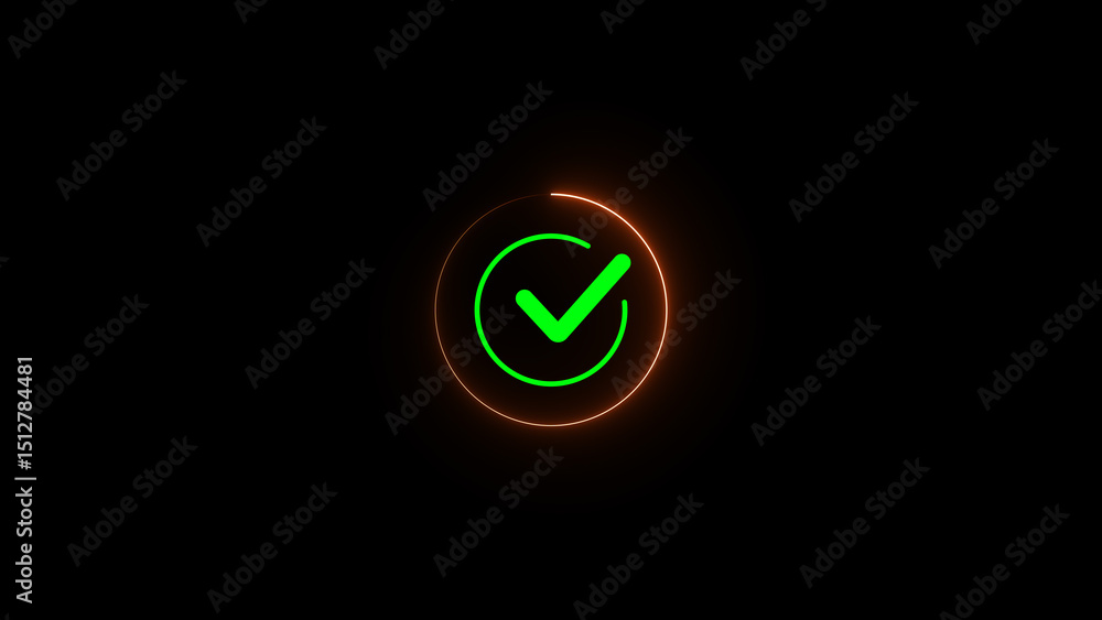 Poster glowing neon checkmark icon within a circle on a black background representing approval success or c
