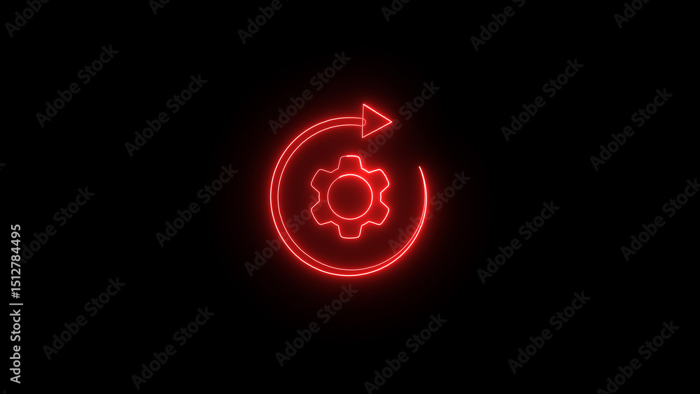 Poster neon red gear symbol within a circular arrow represents technical processes and digital settings iso