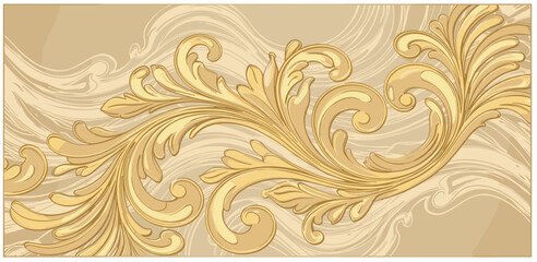 Fototapeta premium Vector art deco leaves luxury background, elegant vintage fancy floral pattern. Jungle gatsby ornament, line hand drawn wavy nature wallpaper. 