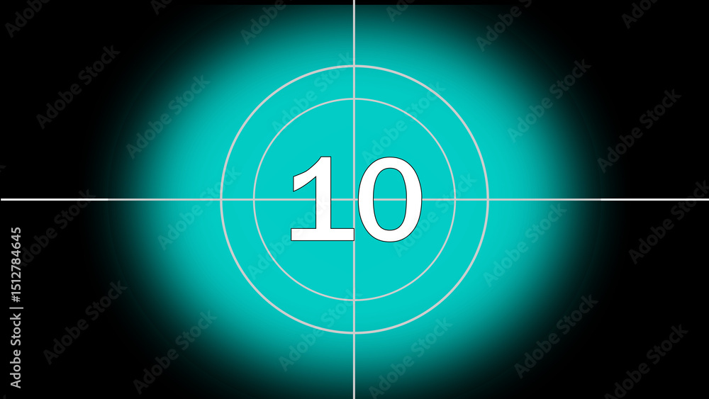Aufkleber countdown screen with number ten centered within a teal colored circle and crosshairs against black 