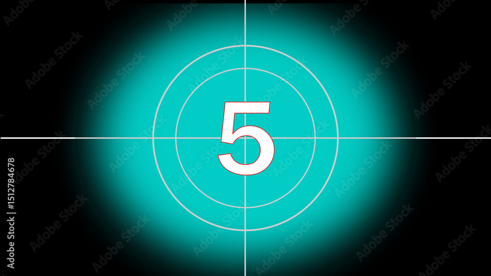 Poster countdown number five in a classic film reel style target overlay with a gradient teal background an