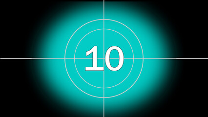 Countdown screen with number ten centered within a teal colored circle and crosshairs against black background