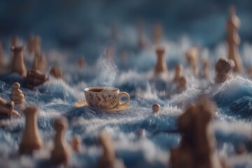 Tea Cup Amidst Miniature Chess Pieces