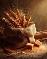 A bag of wheat berries is on a table with a bag of flour and a bagel