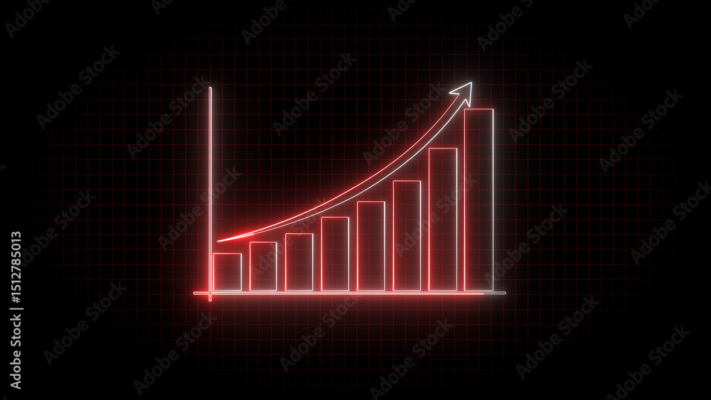 Poster neon style financial chart rising graph displaying growth and progress on a dark background with gri
