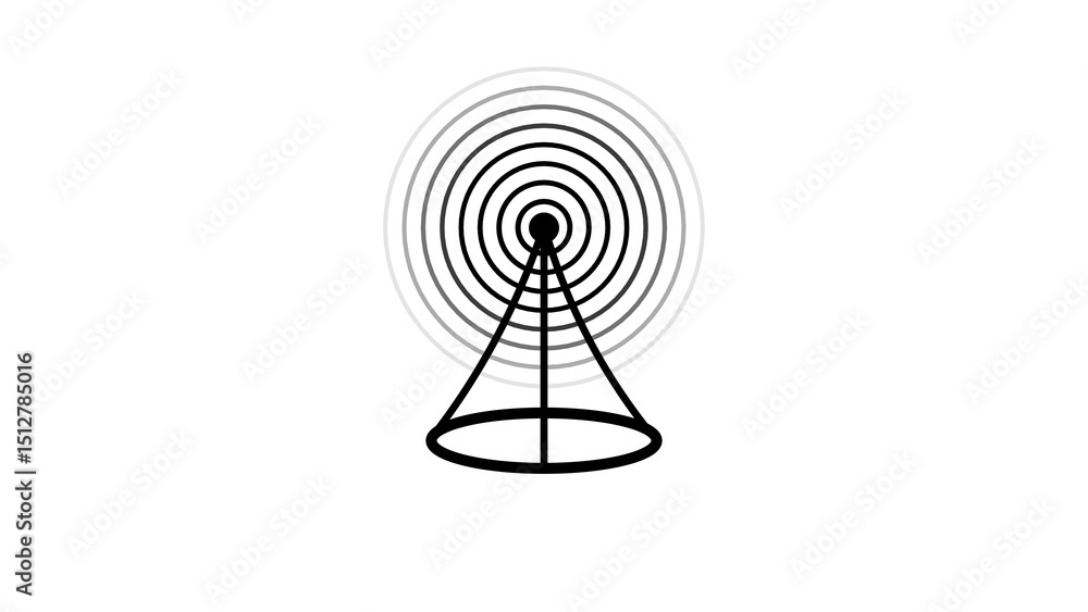 Poster a modern minimalist illustration of a signal transmission tower with circular wave patterns indicati