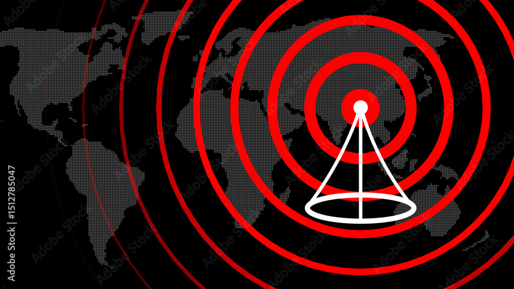 Poster conceptual illustration featuring a global network communication symbol over a world map with radiat
