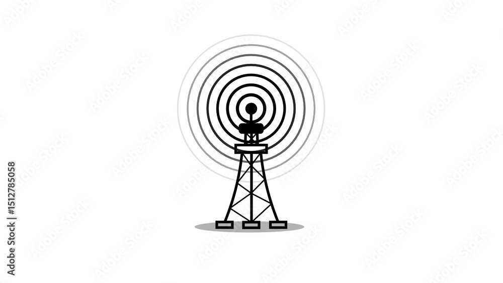Poster illustration of a telecommunication tower transmitting wireless signals with concentric circles repr