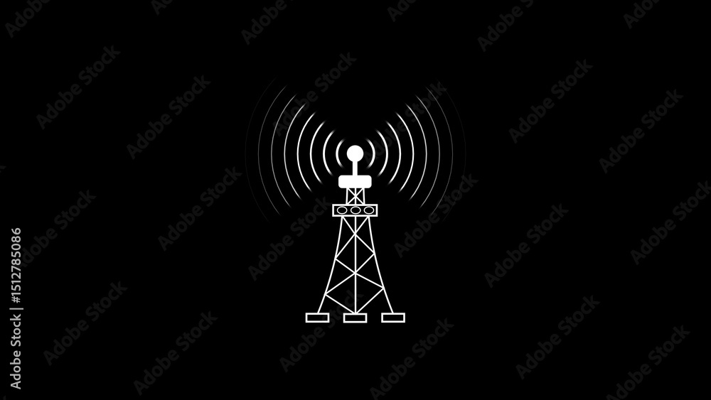 Poster simple minimalist illustration of a cellular tower transmitting signals with concentric radiating wa
