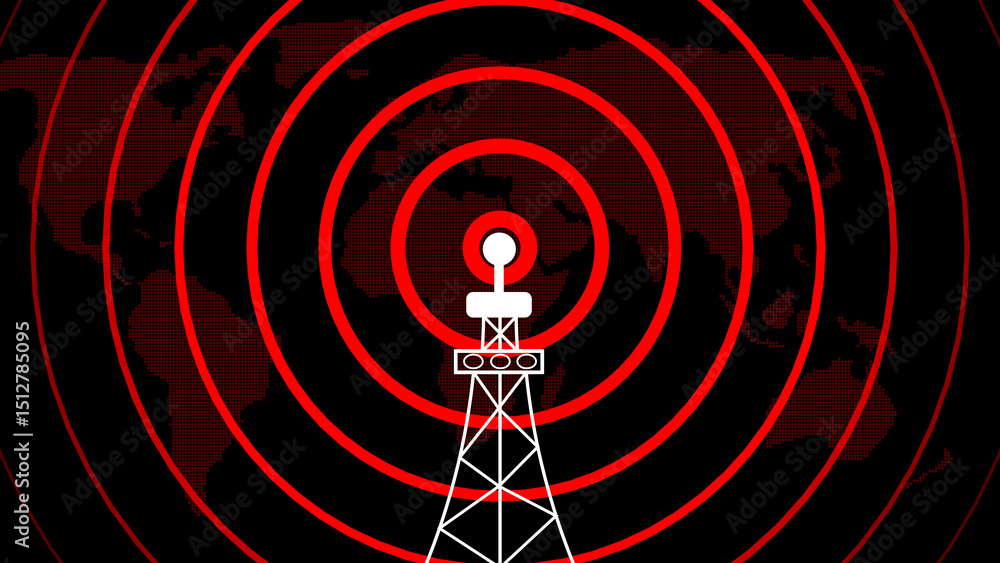 Poster abstract communication concept featuring a radio tower transmitting signals with radiating waves ove