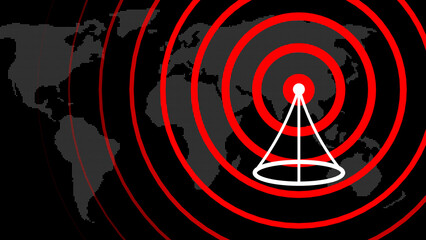 Conceptual illustration featuring a global network communication symbol over a world map with radiating signal rings in a modern and contemporary style.