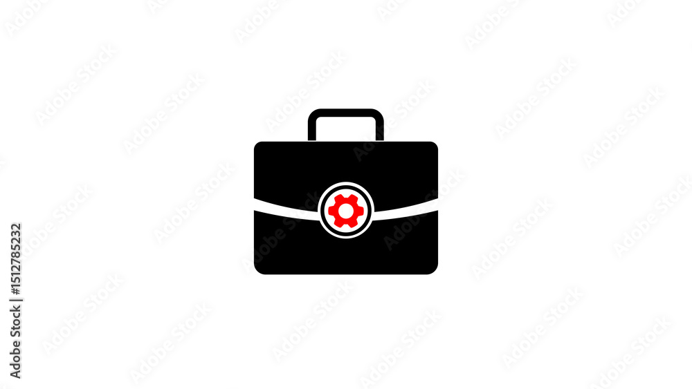 Poster black briefcase icon featuring a red gear representing business process management solutions and str