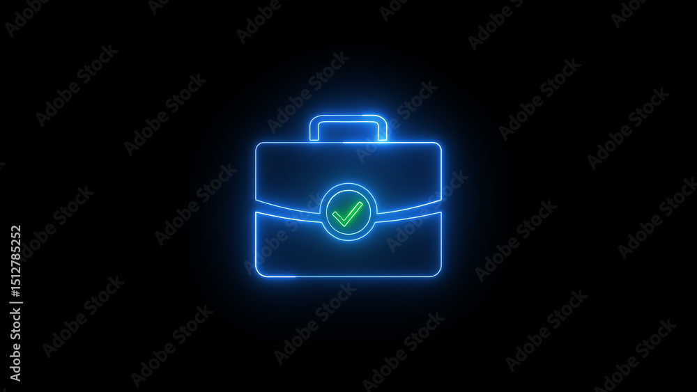Aufkleber glowing neon briefcase with check mark symbol on black background representing approved business cas