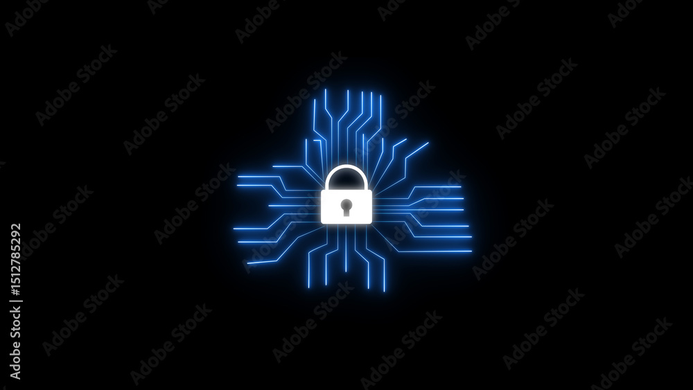 Poster futuristic circuitry and padlock symbolizing digital security and data protection concept on black b