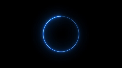 A bright glowing blue neon ring on a black background illustrating technology light energy circle science concept and futuristic design element