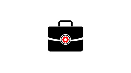 Black briefcase icon featuring a red gear representing business process management solutions and strategies on a white background ideal for business and technology concepts