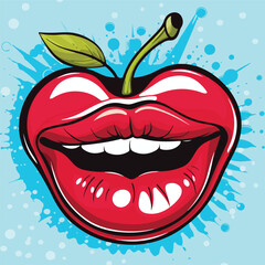 Pop Art Style Vector Illustration of Mouth Biting Cherry Fill Design