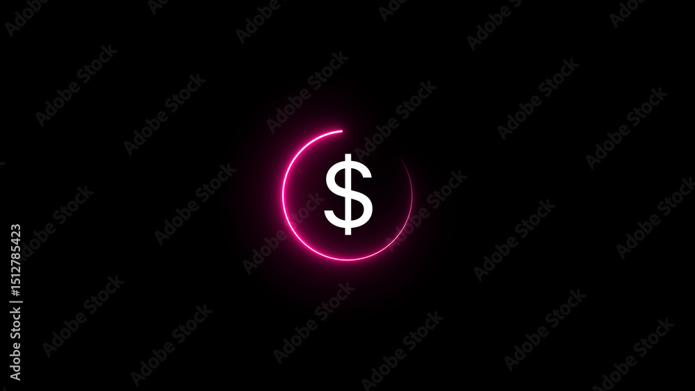 Poster futuristic dollar symbol illuminated by pink neon circle on a black background representing finance 
