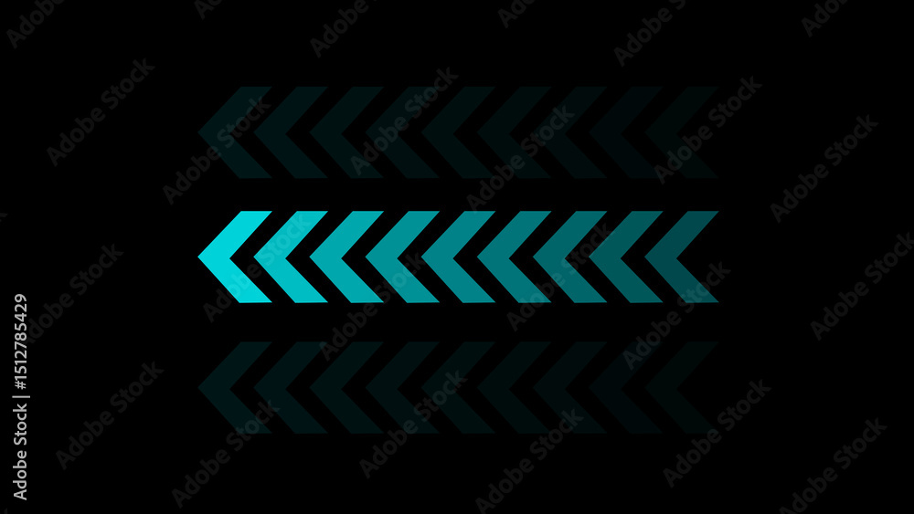 Poster abstract design featuring three rows of chevron arrows in shades of blue against a black background 
