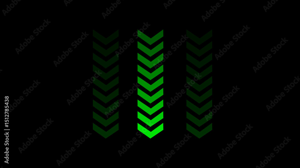 Poster abstract vector illustration of three columns of green downward-pointing arrows on a black backgroun