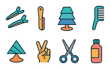Haircut tools icon set: modern flat icons for salon and grooming essentials