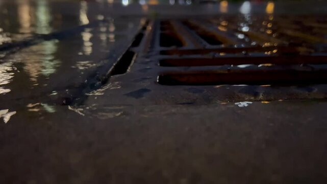 rain oWater flowing into drain close up n the street