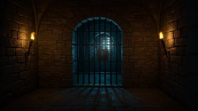 Dungeon Cell in Castle: Stone walls and a barred gate define a dark, moody dungeon cell, lit by flickering torches in a medieval castle creating ominous atmosphere.